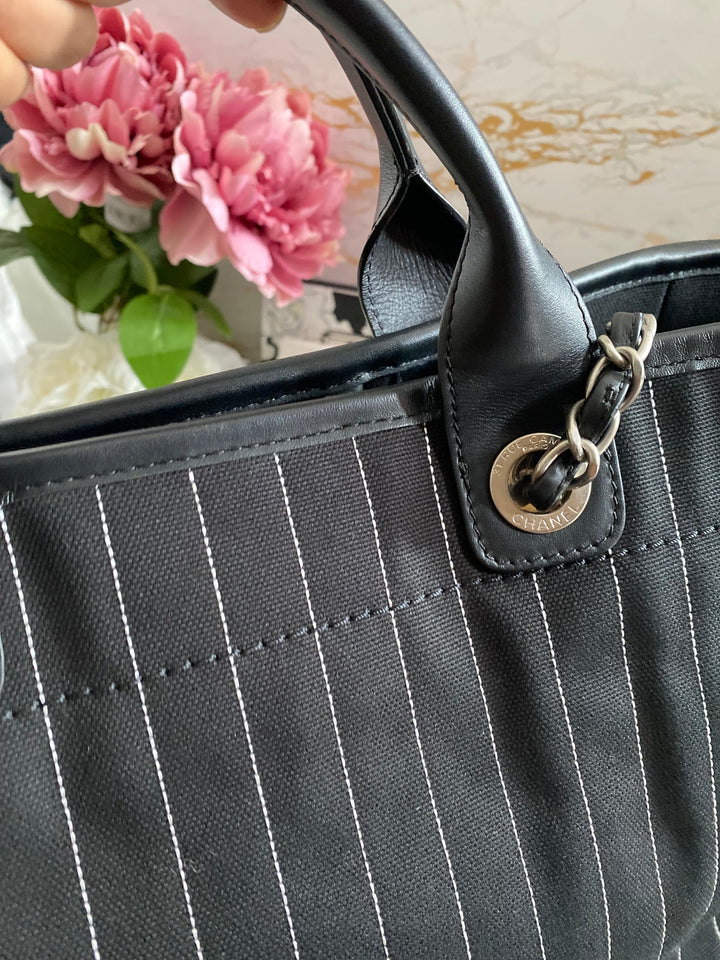 Chanel 23P 2023 collection in Black/White Stripe Canvas Deauville Tote with Top Handle and detachable pouch size Medium (15 inches)