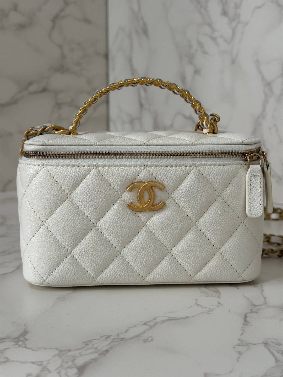 CHANEL 22S Collection 2022 Pick Me Up White Caviar Small Vanity Case with Metal Top Handle GHW
