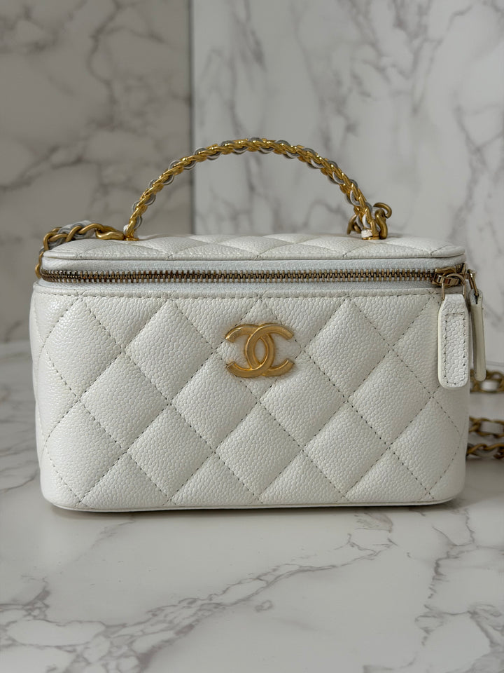 CHANEL 22S Collection 2022 Pick Me Up White Caviar Small Vanity Case with Metal Top Handle GHW