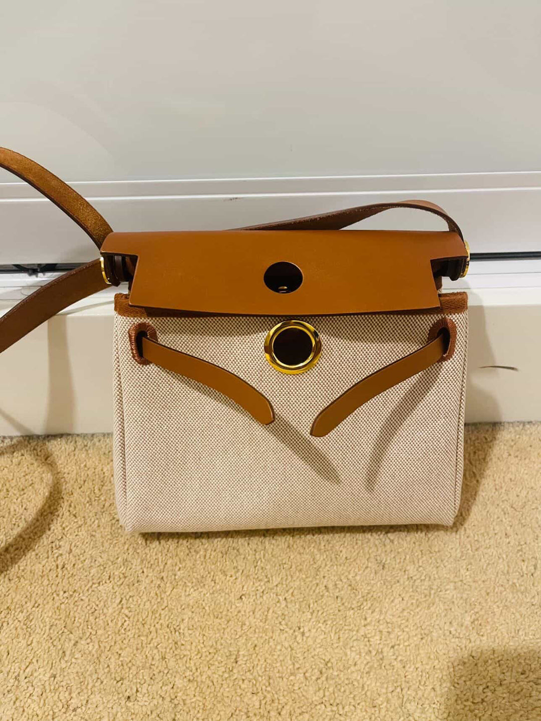 Hermes Herbag 20 Zip Ecru/Fauve Toile H Vache Hunter Leather Size Mini