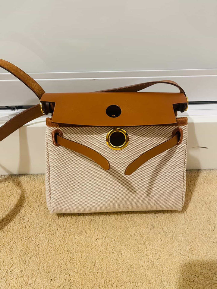 Hermes Herbag 20 Zip Ecru/Fauve Toile H Vache Hunter Leather Size Mini