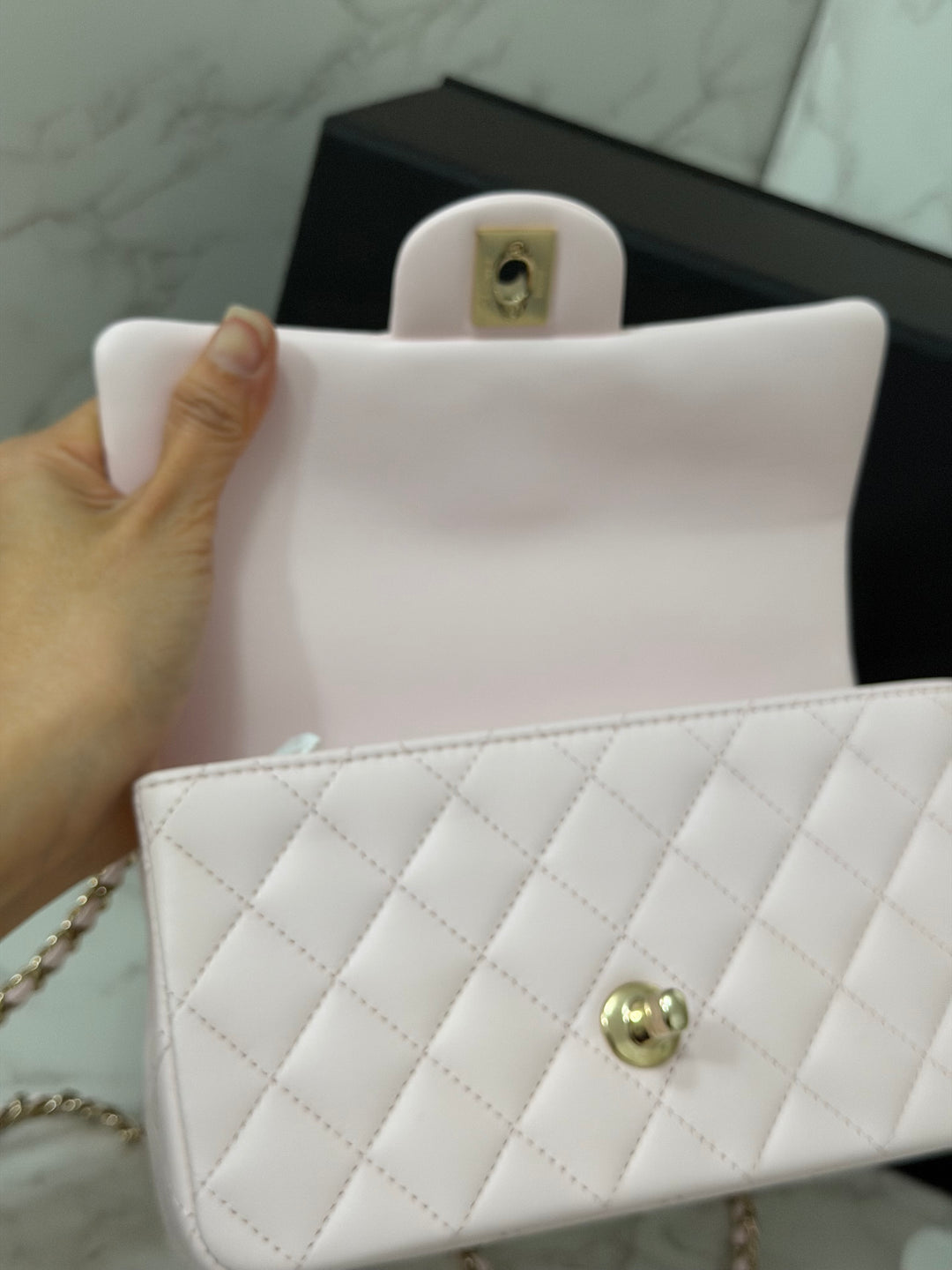 CHANEL 22P 2022 Sakura Light Pink Lambskin LGHW Mini Rectangular Flap Bag with Top Handle