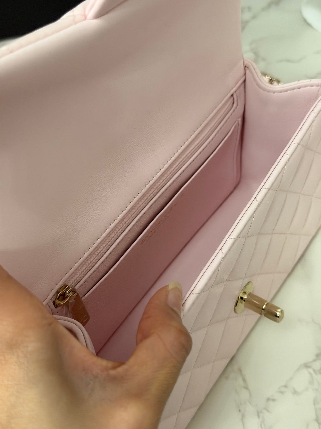 CHANEL 22P 2022 Sakura Light Pink Lambskin LGHW Mini Rectangular Flap Bag with Top Handle