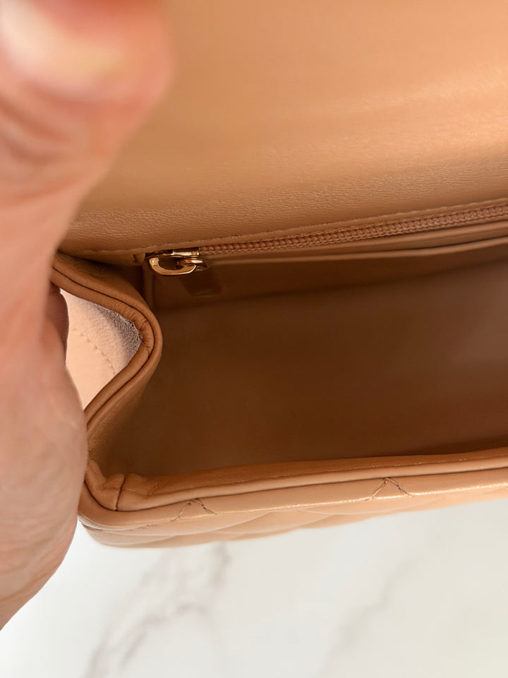 CHANEL 23K 2023 Dark Beige NR649 Lambskin LGHW Mini Rectangular Flap Bag with Top Handle