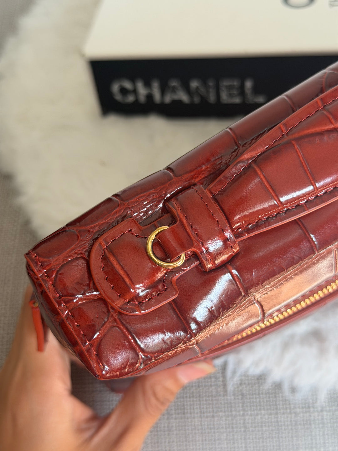 CHANEL 26B Croc Embossed Burgundy Calf Skin LP Long Vanity size Medium 23 cms 2026 Matthieu Blazy