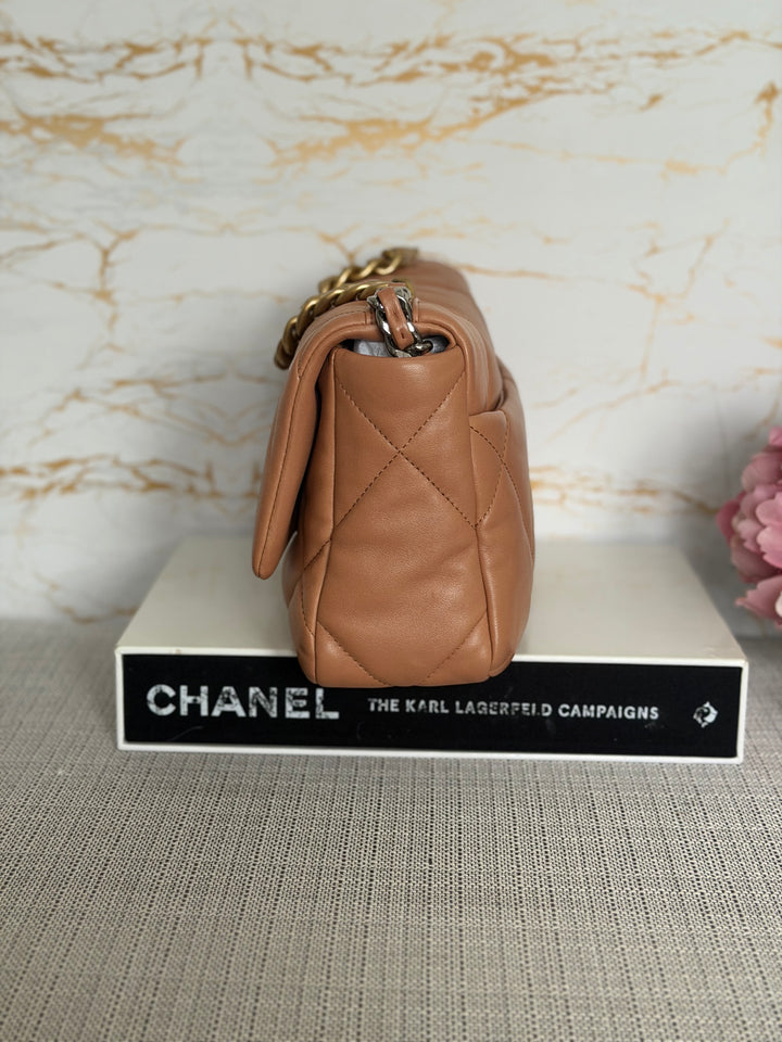 CHANEL Caramel Brown Lambskin Mixed Hardware 19 Flap Bag size SMALL 2022