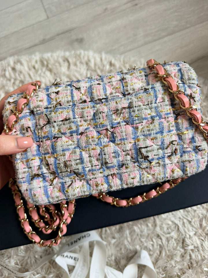 CHANEL Series 27 Pink Blue Green Ecru Gold Tweed Mini Flap Bag LGHW 2018