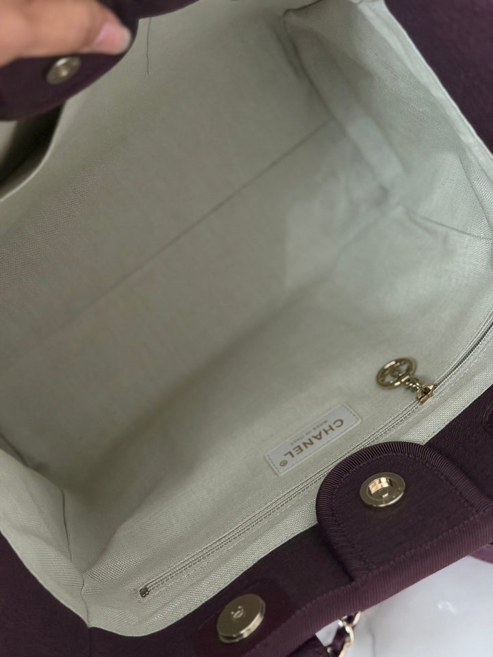 Chanel 24B Collection 2024 Burgundy Tweed Deauville Tote with Leather top handle size small and Detachable pouch