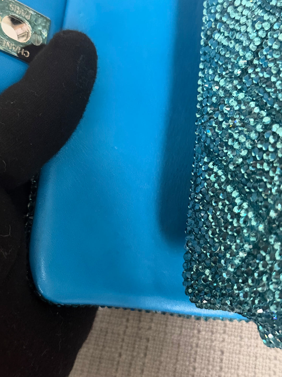 CHANEL series 21 Turquoise Teal Green Blue Diamanté Swarovski Crystal Strasssd Extra Mini Flap Bag with SHW *unicorn* RARE