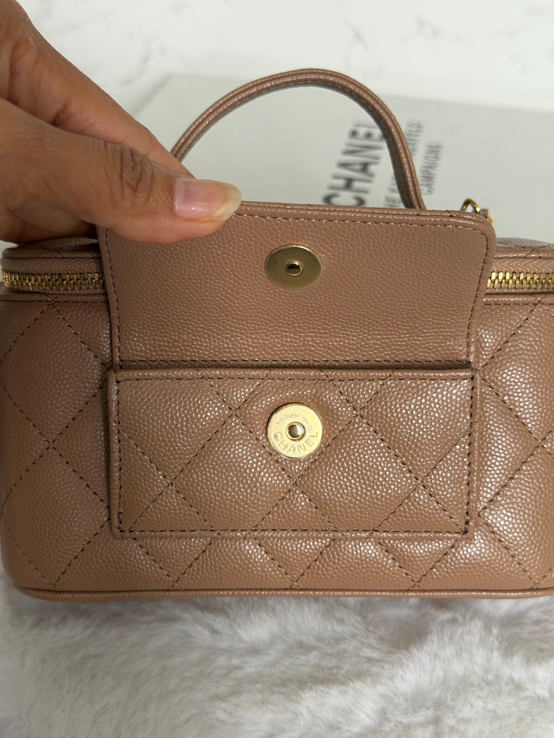 CHANEL Dark Beige Caviar Cargo Polly Pocket Vanity Case with Top Handle GHW 2023