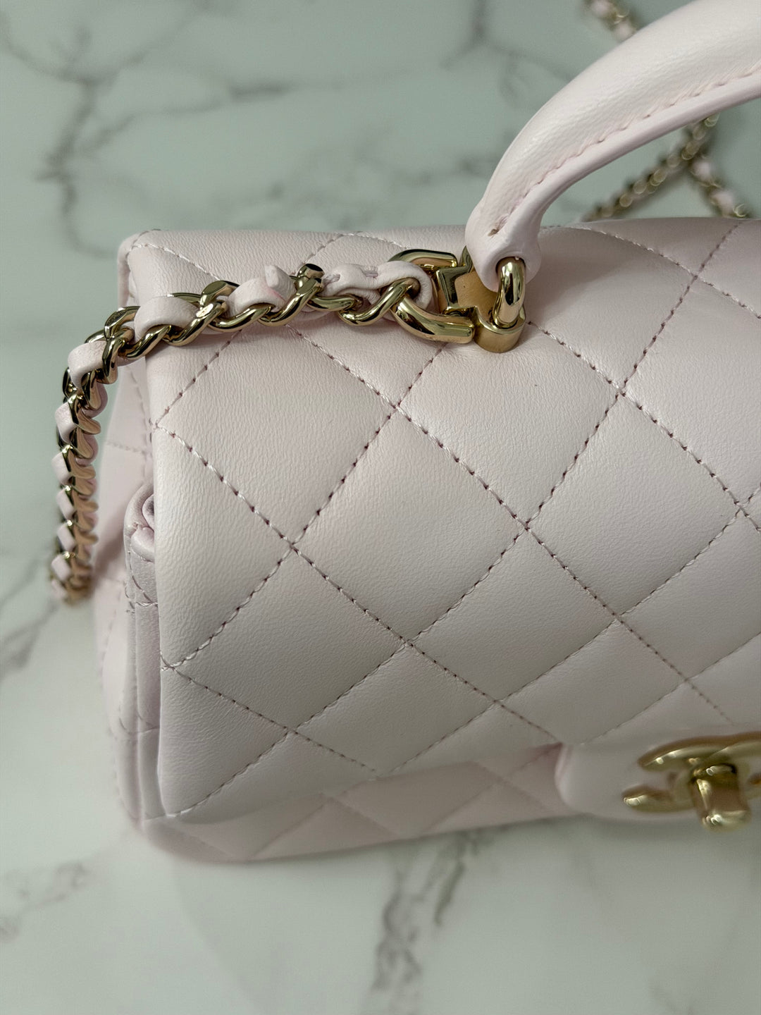 CHANEL 22P 2022 Sakura Light Pink Lambskin LGHW Mini Rectangular Flap Bag with Top Handle