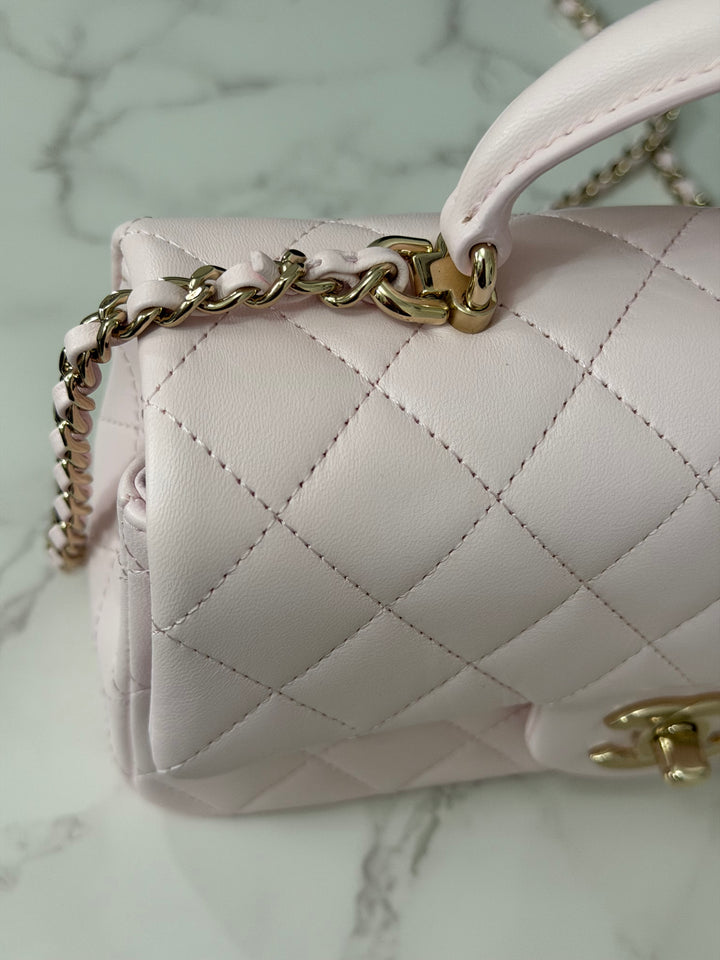 CHANEL 22P 2022 Sakura Light Pink Lambskin LGHW Mini Rectangular Flap Bag with Top Handle