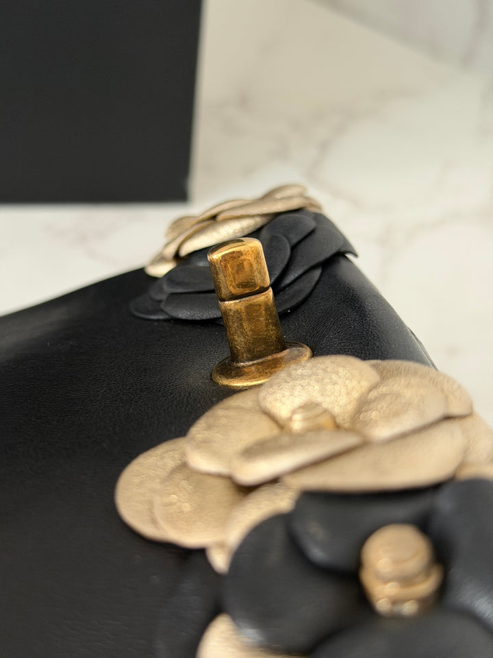 CHANEL series 21 Black Metallic Gold Camellia Flower Lambskin Mini Rectangular Flap Bag with Vintage GHW