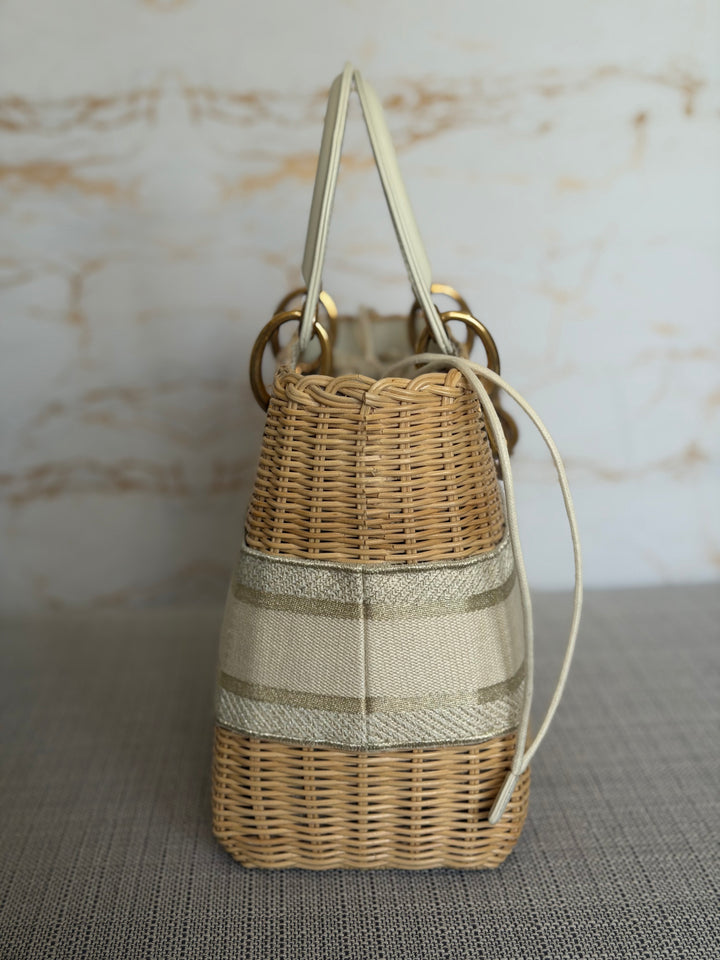 DIOR Lady Dior White/Gold Wicker Bag size SMALL with Guitar Strap