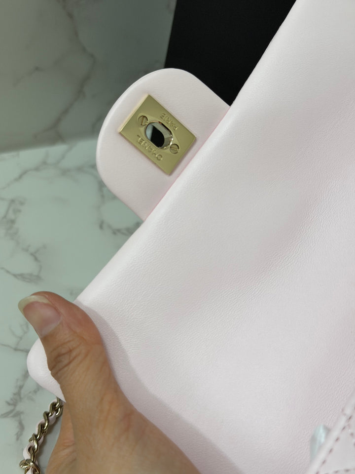 CHANEL 22P 2022 Sakura Light Pink Lambskin LGHW Mini Rectangular Flap Bag with Top Handle