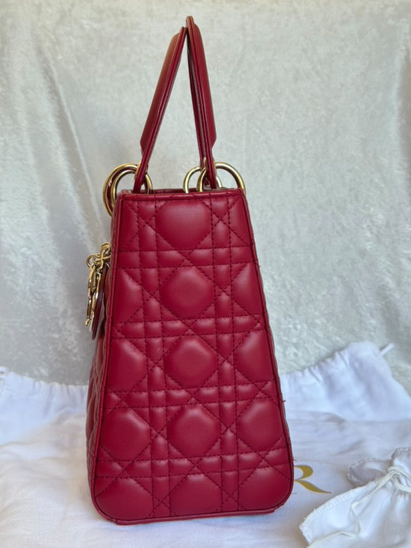 Christian Dior Lady Dior Medium in Red Lambskin GHW (2021)