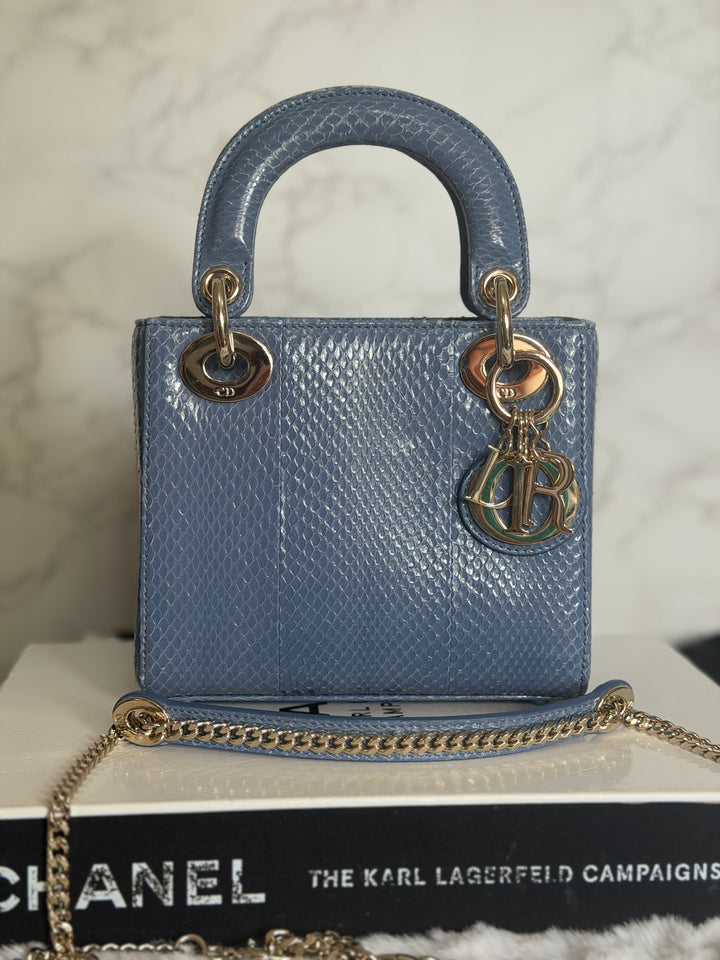 DIOR Lady Dior MINI in Blue Grey Python Leather LGHW 2020