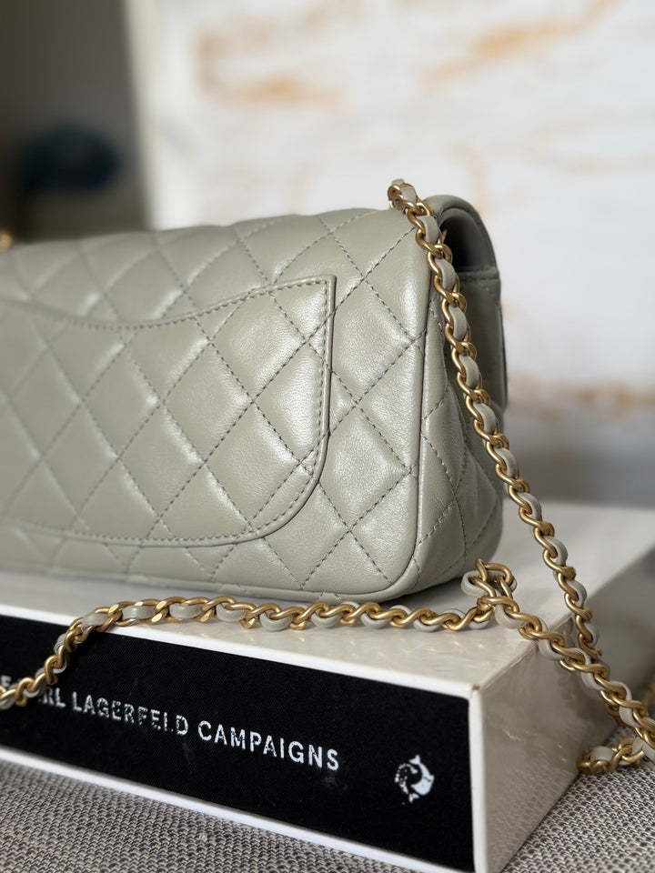 CHANEL Grey Lambskin Aged GHW Pearl Crush Adjustable Chain Mini Rectangular Flap Bag 2021