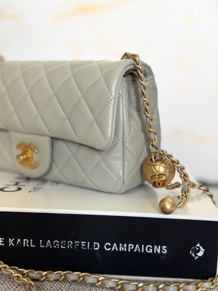 CHANEL Grey Lambskin Aged GHW Pearl Crush Adjustable Chain Mini Rectangular Flap Bag 2021
