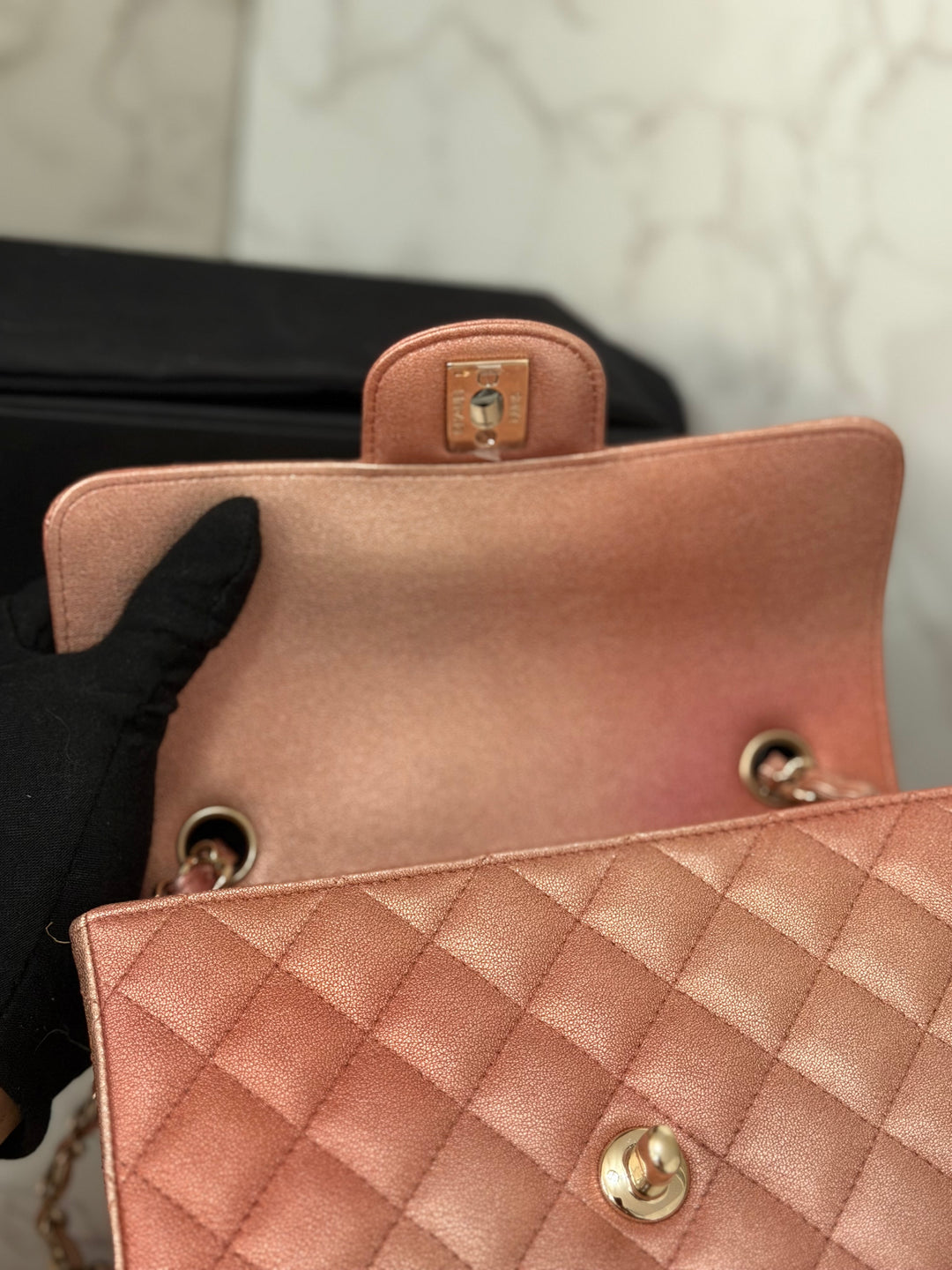 CHANEL 21S Ombré Rose Gold Metallic Copper Lambskin LGHW Mini Rectangular Flap Bag 2021