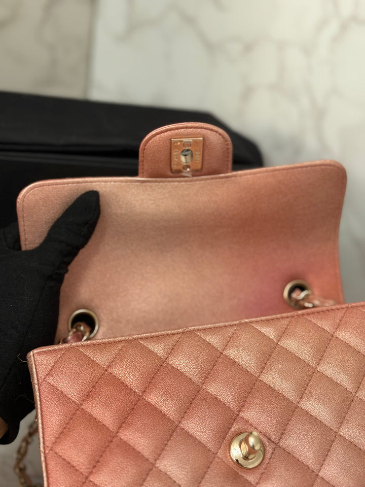CHANEL 21S Ombré Rose Gold Metallic Copper Lambskin LGHW Mini Rectangular Flap Bag 2021