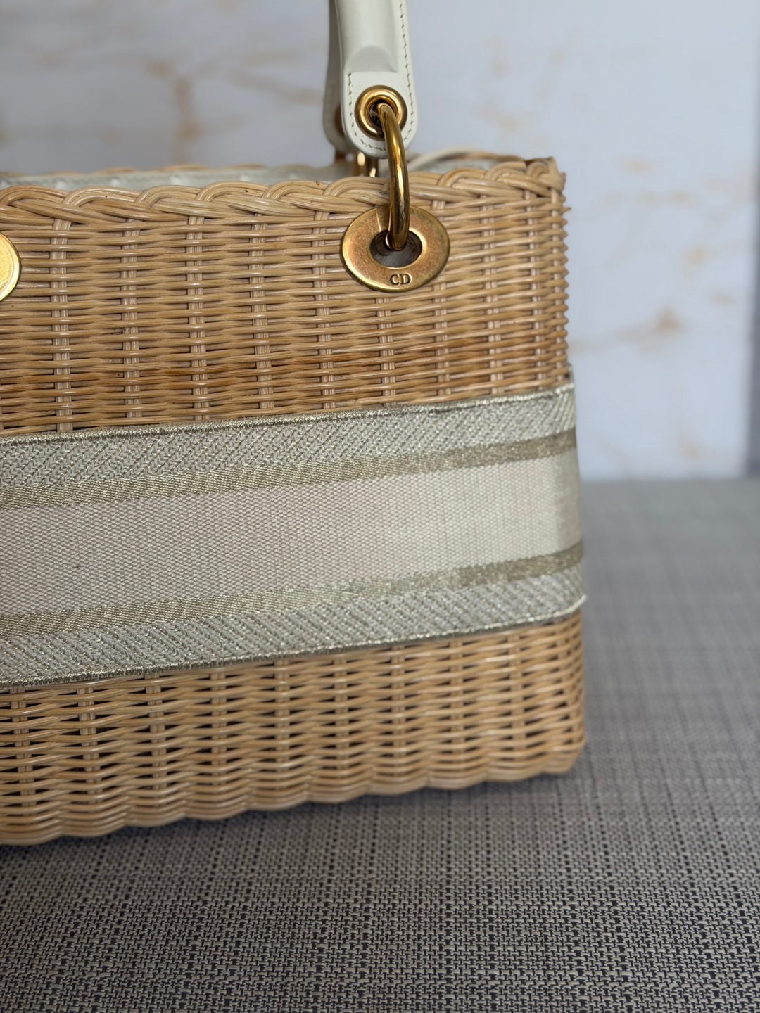 DIOR Lady Dior White/Gold Wicker Bag size SMALL with Guitar Strap