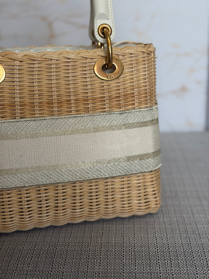 DIOR Lady Dior White/Gold Wicker Bag size SMALL with Guitar Strap