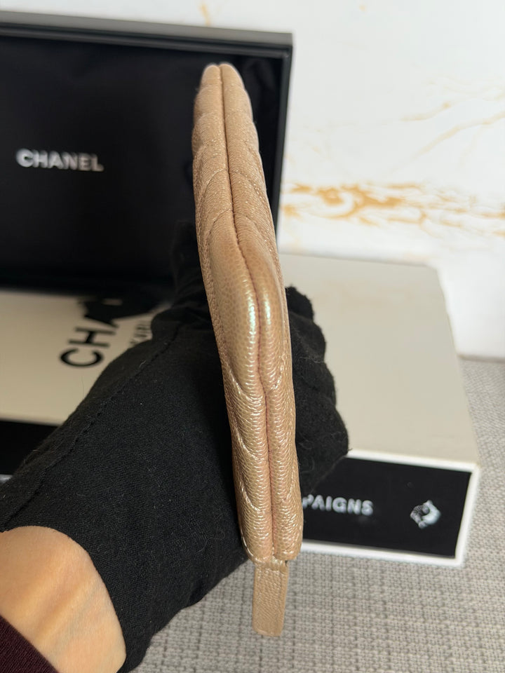 CHANEL series 27 Rose Gold Iridescent Caviar Chevron SHW Mini O Case Pouch 15 cms