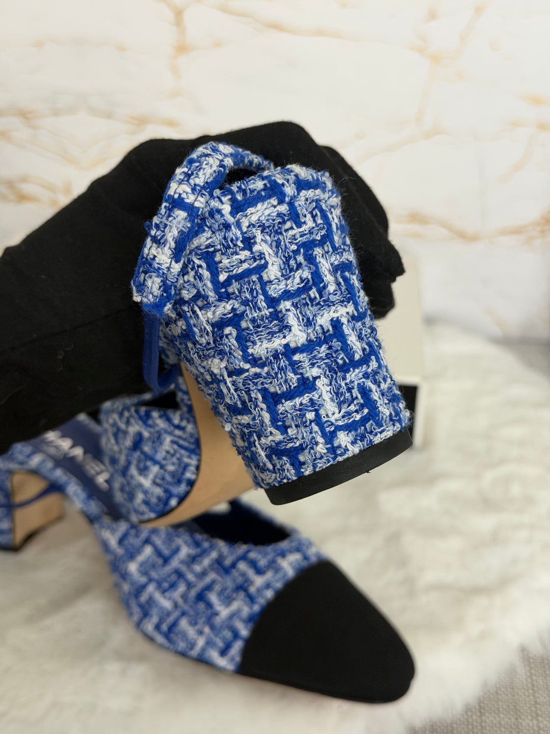 CHANEL 23P Cobalt Blue SHW Tweed Slingback shoes with kitten heels