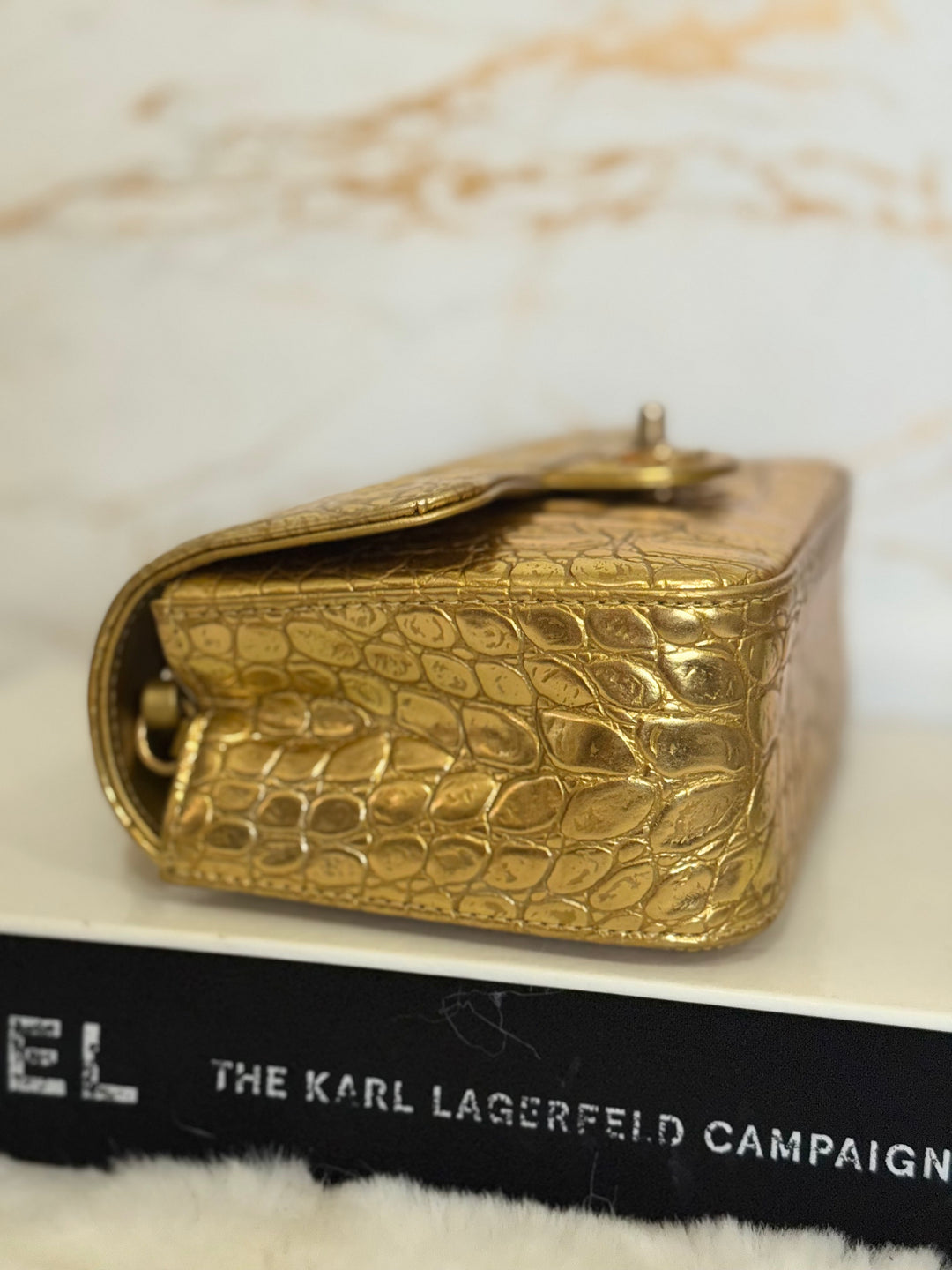 CHANEL series 28 19A Metiers d'Art collection Gold Croc Embossed Calf Skin Mini Rectangular Flap Bag with Aged GHW 2019 RARE