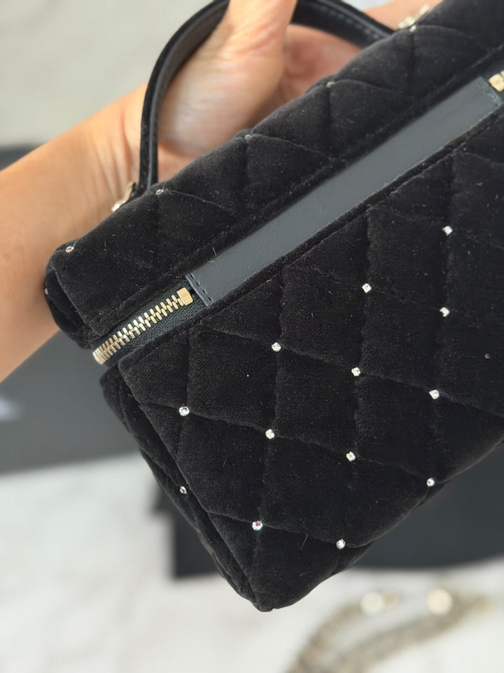 CHANEL 25K 2025 Black Velvet Diamanté Long Vanity with Detachable chain LGHW