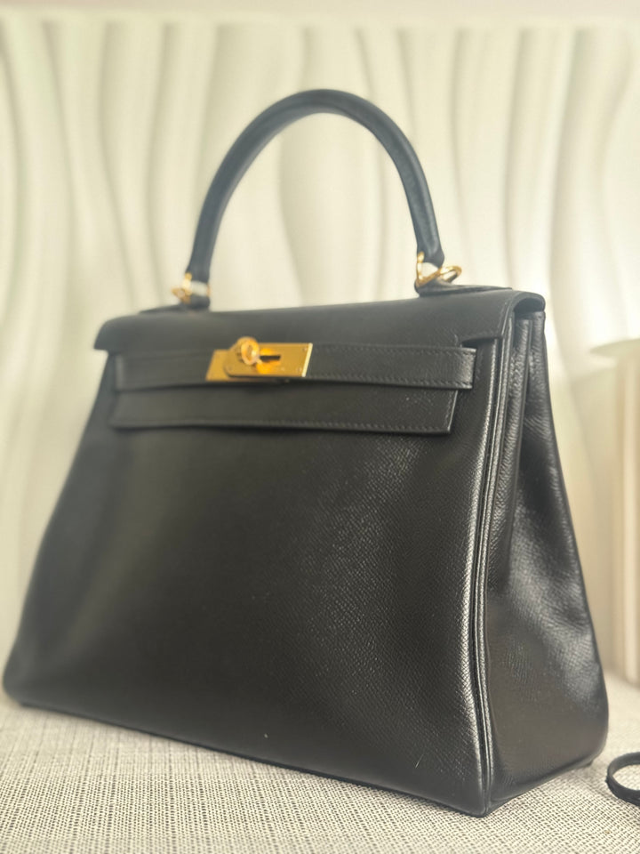 Hermes Noir/Black Epsom Leather GHW Kelly 28 stamp N 2010