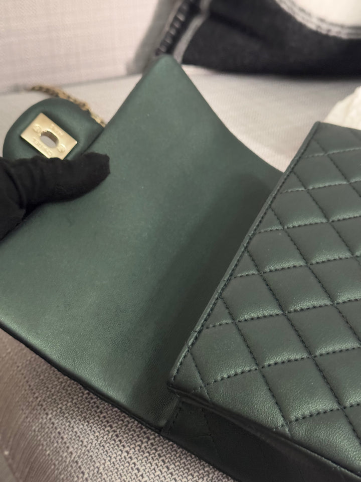 Chanel Iridescent Dark Green Lambskin Mini Rectangular Flap Bag with Top Handle and Champagne GHW
