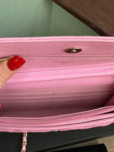 Load image into Gallery viewer, Chanel 23P Pink Caviar Mauve undertone Classic Wallet on chain (WOC) with champagne GHW
