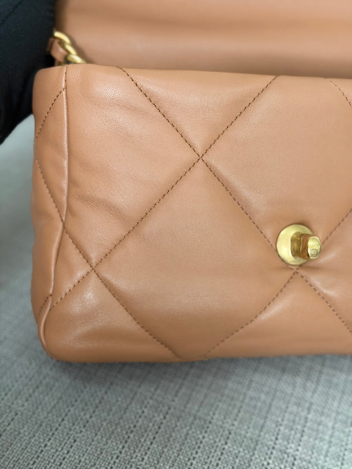 CHANEL Caramel Brown Lambskin Mixed Hardware 19 Flap Bag size SMALL 2022