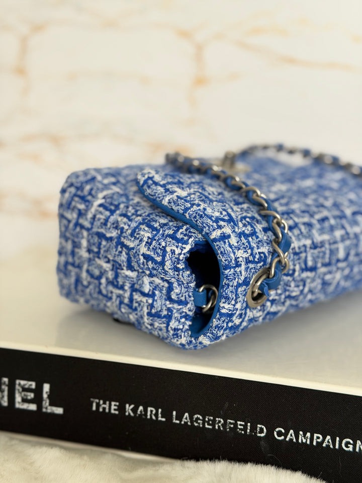 CHANEL 23P Cobalt Blue Muti Coloured Tweed Brushed SHW Mini rectangular flap bag 2023