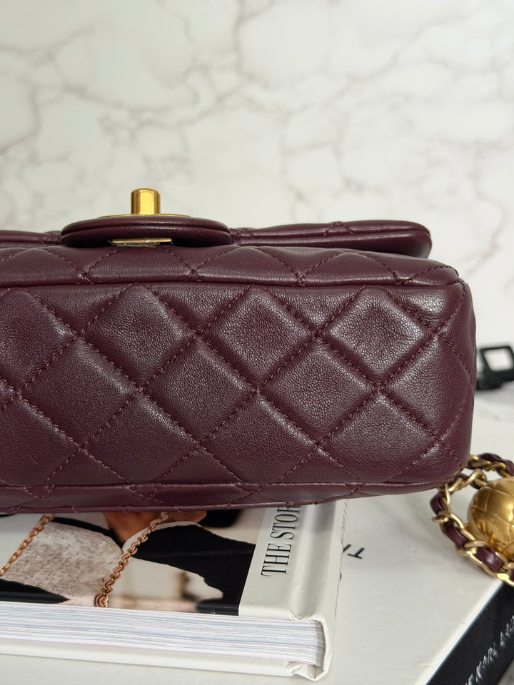 CHANEL 21B Burgundy Lambskin Aged GHW Pearl Crush Adjustable Chain Mini rectangular flap Bag 2021