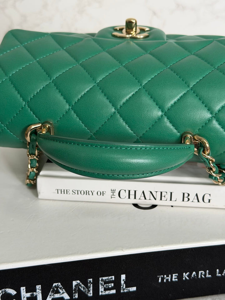 CHANEL Green Lambskin LGHW Mini Rectangular Flap Bag with Top Handle 2022 22A collection