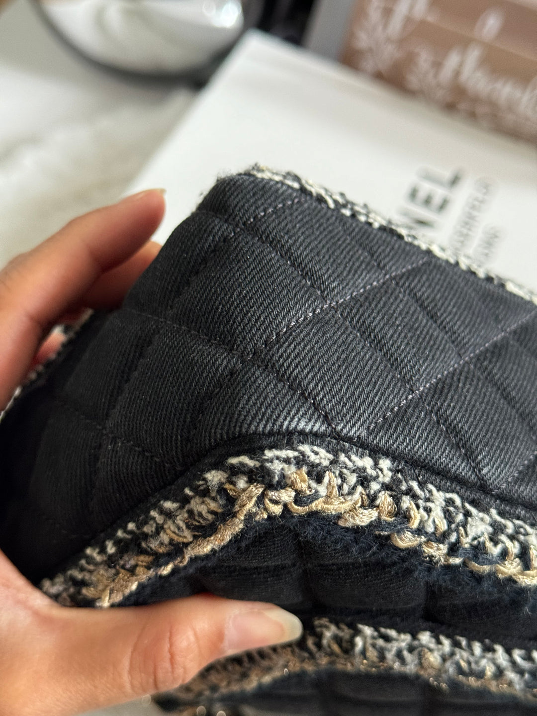 Chanel series 26 Black Denim LGHW Braided in Gold/White/Black Medium Flap Bag
