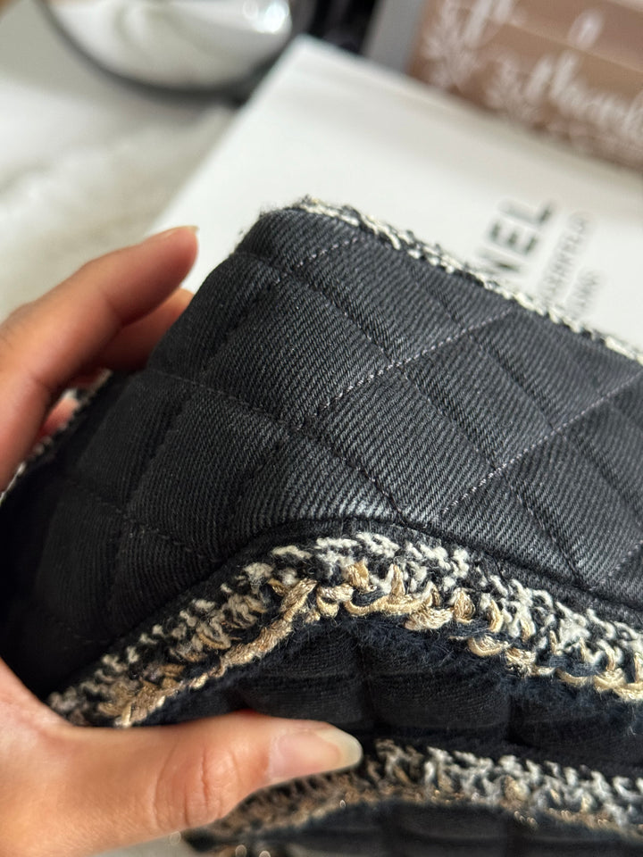Chanel series 26 Black Denim LGHW Braided in Gold/White/Black Medium Flap Bag