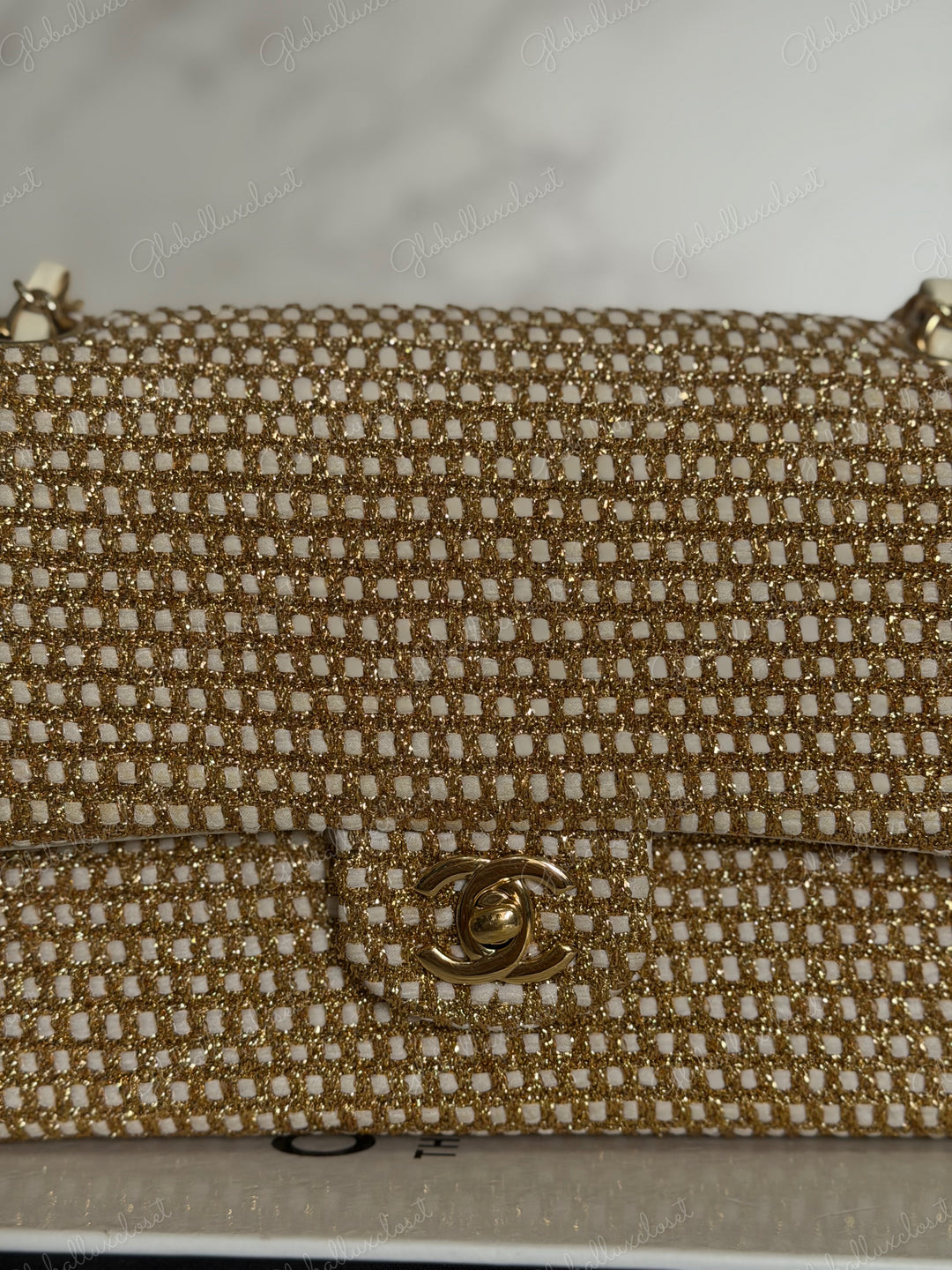 CHANEL series 17 Beige/Ivory Gold Tweed Medium ML Timeless Classic Double Flap Bag 2012 with LGHW