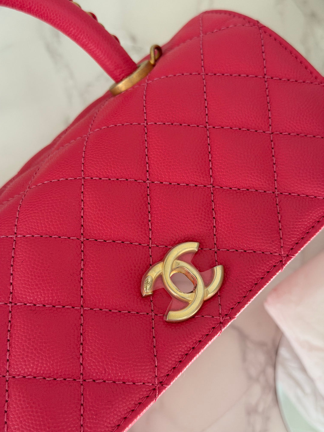 Chanel 23P Collection 2023 Dark Pink Caviar Aged GHW Coco Handle with Detachable Strap and enchained handle size Small