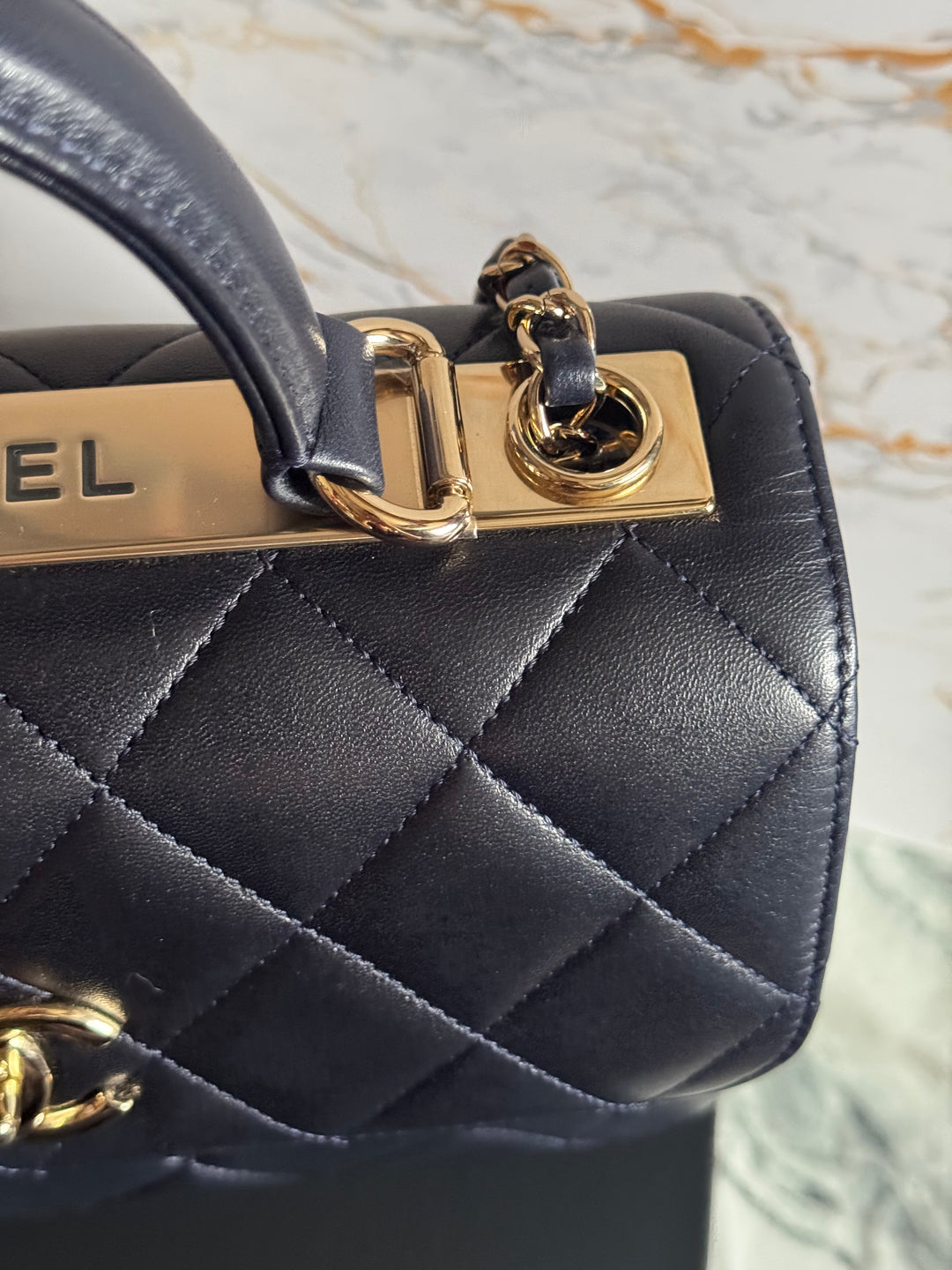 Chanel series 28 2018/2019 Navy Lambskin Champagne GHW Trendy CC Flap Bag size Small with Detachable Strap