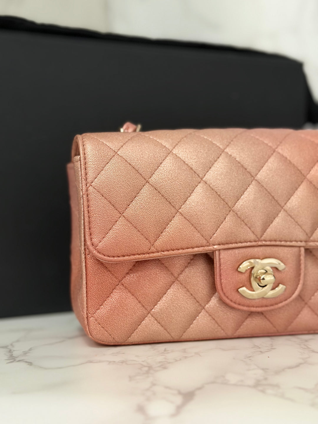 CHANEL 21S Ombré Rose Gold Metallic Copper Lambskin LGHW Mini Rectangular Flap Bag 2021