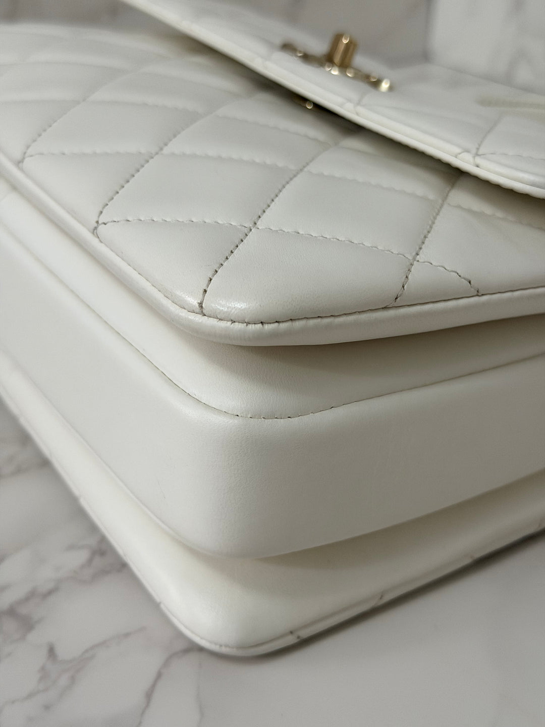 CHANEL 23S collection 2023 White Lambskin LGHW Trendy CC Flap Bag size Small with raised CHANEL Engraved Plate Top Handle