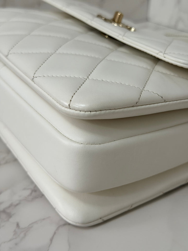 CHANEL 23S collection 2023 White Lambskin LGHW Trendy CC Flap Bag size Small with raised CHANEL Engraved Plate Top Handle