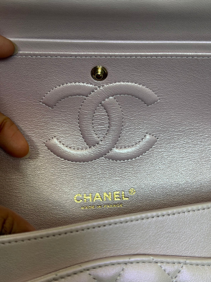 CHANEL 21S iridescent Pink Calf Skin LGHW Medium ML Timeless Classic Double Flap Bag series 31 2021