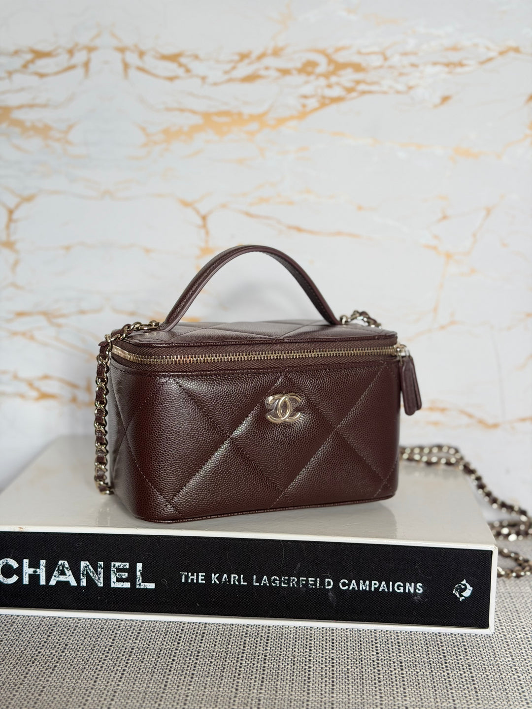 CHANEL 26S Dark Brown Caviar LGHW Small Vanity Case with Top Handle