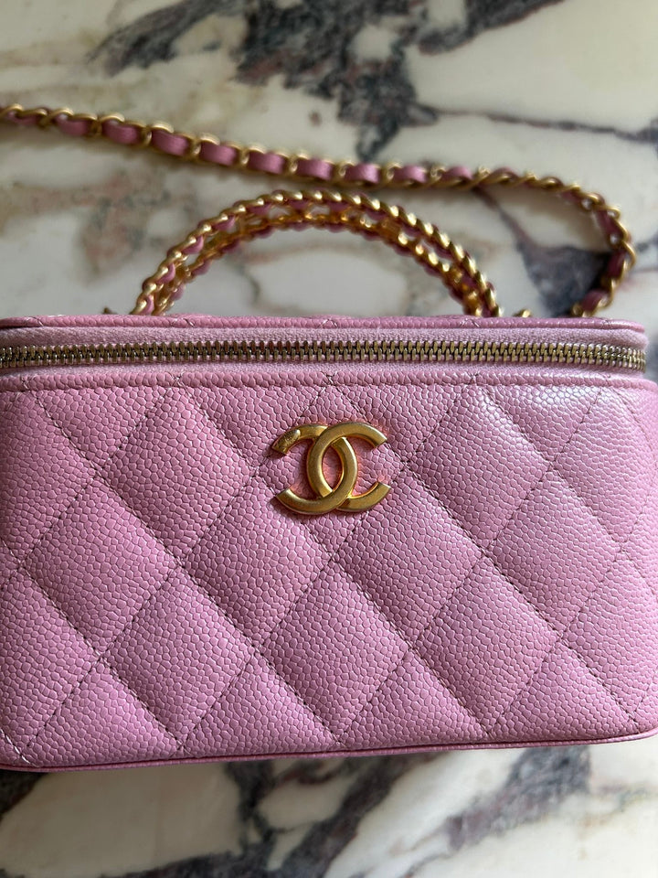 CHANEL 22S Mauve Pink Caviar Aged GHW SMALL Vanity with Metal and Leather top handle 2022