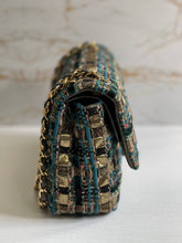 Load image into Gallery viewer, Chanel Turquoise Gold Tweed Classic Medium ML double flap bag from 19A collection Ancient Egypt
